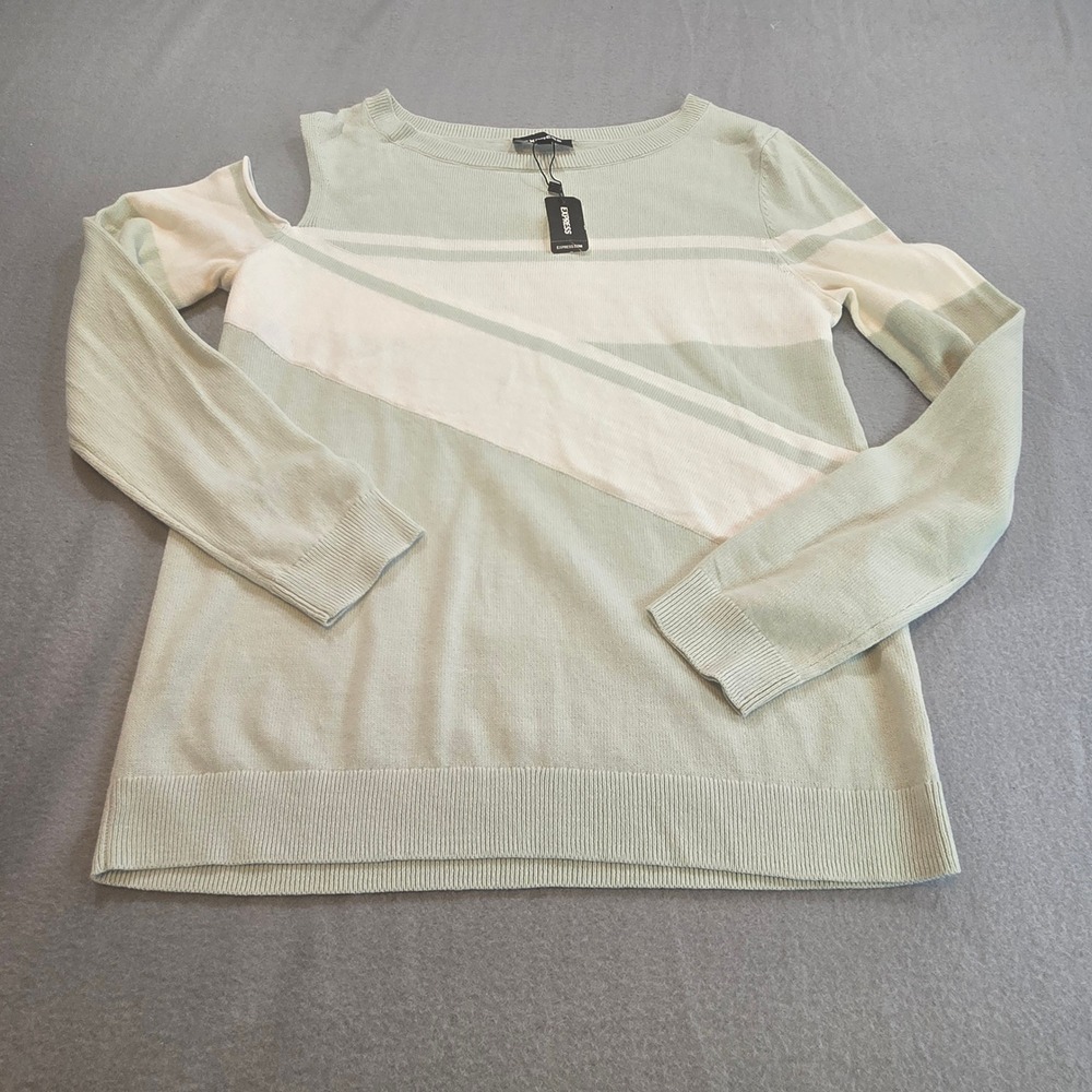Express Sweater‎ Womens Medium Mint Green Cold Shoulder Striped Colorblock Knit